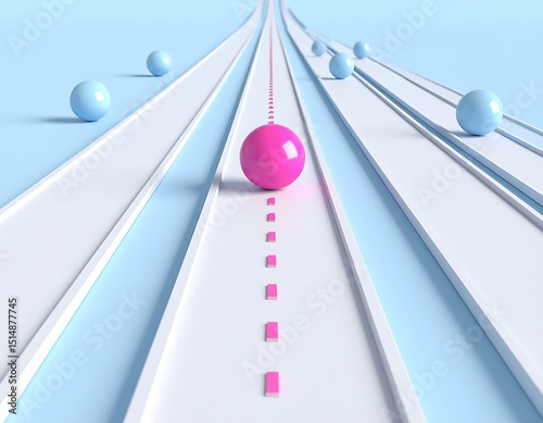 Pink Sphere Leading on White Path, Blue Background, Abstract Concept