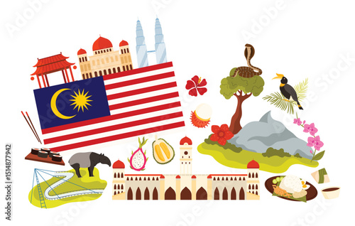 Travel to Malaysia set, elements of culture and religious temple, nature landmarks and food in infographic collage poster. Malaysian flag and rafflesia, Langkawi Sky Bridge cartoon vector illustration
