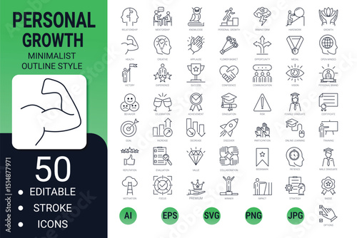 Editable thin line icon set – personal growth, coaching, business training, tutorship and consulting services