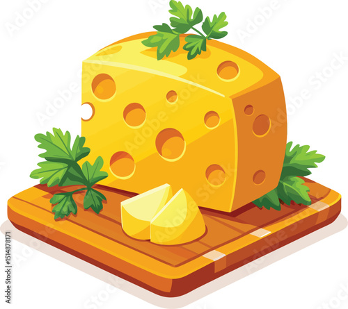 Cartoon Cheese Slice with Herbs and Garlic on Wooden Board Vector. Swiss Cheese Wedge on Wooden Board with Parsley. 