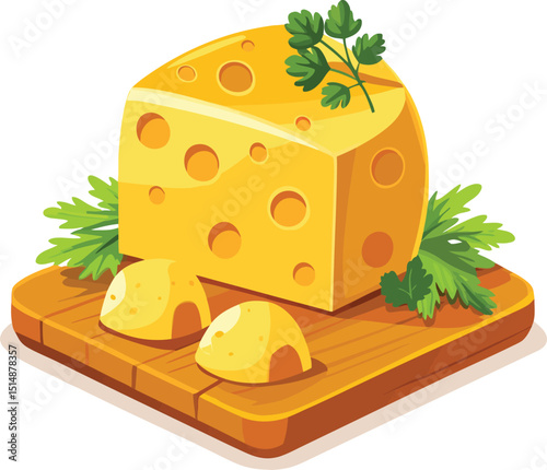 Cartoon Cheese Slice with Herbs and Garlic on Wooden Board Vector. Swiss Cheese Wedge on Wooden Board with Parsley. 