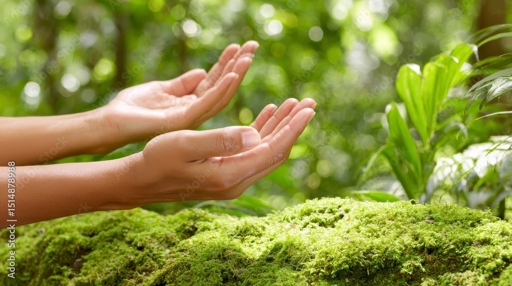 Gentle Hands Reaching Towards Lush Green Moss In A Tranquil Forest Environment Bathed In Soft Natural Light Gentle Hands Reaching Towards Lush Green Moss In A Tranquil Forest Environment Bathed In Soft Natural Light