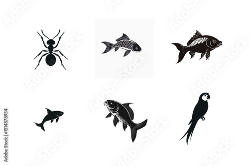 Silhouette set of ant fish and parrot