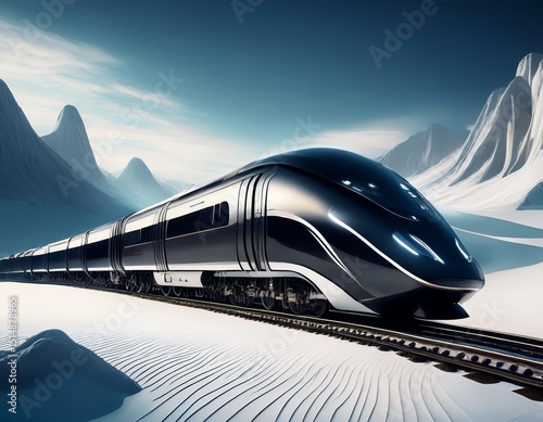 dystopian black mega train in white fantasy mountains