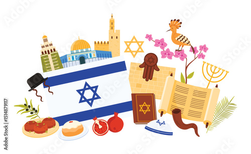 Travel to Israel, culture objects and landmarks, food and flag in infographic collage. Religious symbols of Judaism and holidays decoration, Dome of Rock and menora cartoon vector illustration