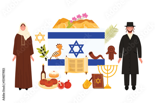 Travel to Israel, culture and religious elements, famous food for tourists in infographic collage. Israeli man and woman, menorah, David star and shofar, hoopoe bird cartoon vector illustration