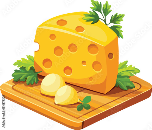 Cartoon Cheese Slice with Herbs and Garlic on Wooden Board Vector. Swiss Cheese Wedge on Wooden Board with Parsley. 