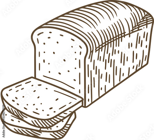 Sliced bread loaf illustration brown bakery food, whole wheat, fresh baked meal, hand drawn graphic, breakfast concept