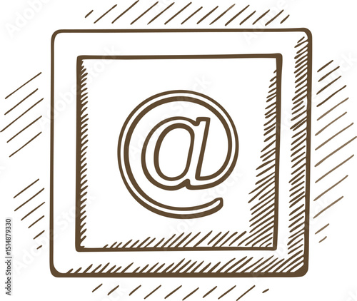 Hand drawn email symbol inside a square frame sketch at sign, digital communication concept