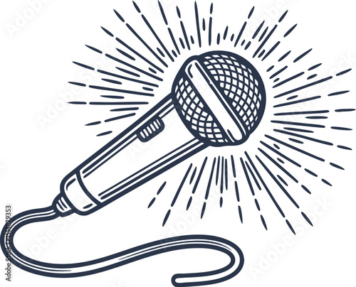 retro microphone illustration with sound rays hand drawn vintage audio equipment in classic sketch
