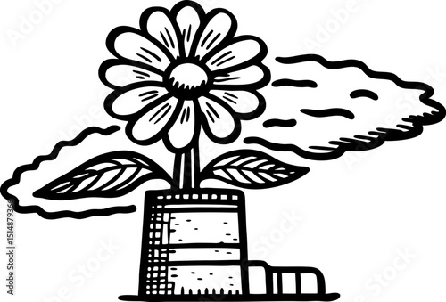 Industrial smokestack with blooming flower, environmental hope, nature and pollution contrast, eco illustration