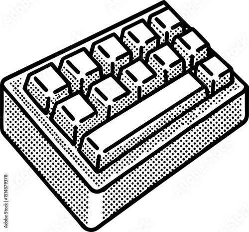 Retro mechanical keyboard illustration isometric black and white vintage keys, minimalist dotwork