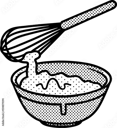 Bowl with whisk mixing batter hand drawn kitchen utensil, dotted illustration for baking and cooking concept