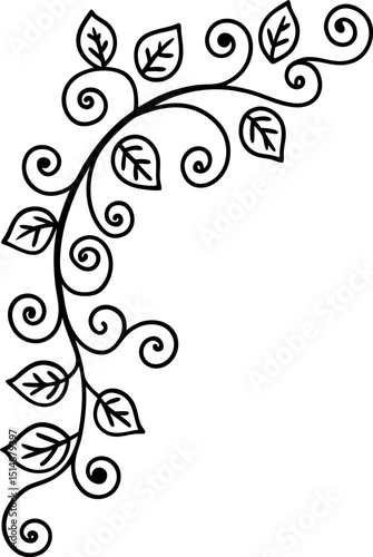 Curved leafy vine pattern with swirling tendrils elegant botanical corner design, decorative nature element illustration