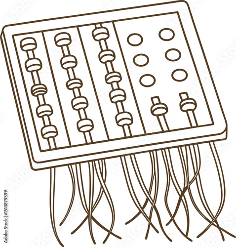 Abstract abacus illustration with connecting wires, vintage calculation tool, retro technology concept