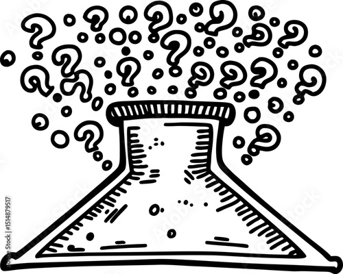 Laboratory flask releasing cloud of question marks science curiosity, experimentation, creativity in research