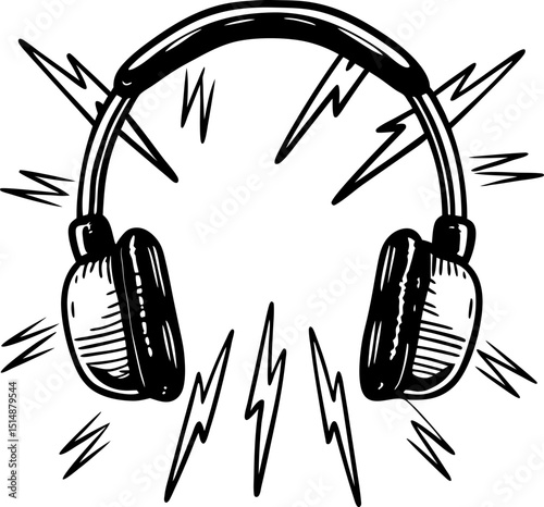 Music headphones with lightning bolts black and white sketch, audio equipment, sound energy, listening device illustration