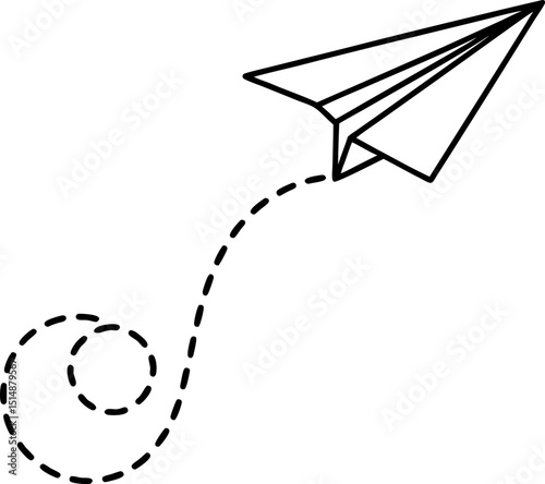 Paper airplane line drawing with spiral trail minimalist flying toy icon, simple black outline illustration