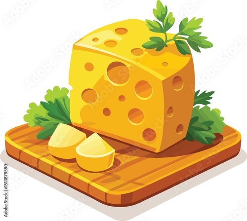 Cartoon Cheese Slice with Herbs and Garlic on Wooden Board Vector. Swiss Cheese Wedge on Wooden Board with Parsley. 