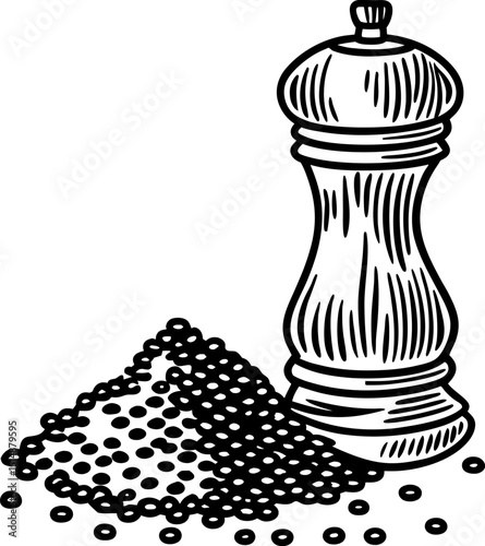 pepper grinder with ground pepper and whole peppercorns kitchen seasoning utensil, black spice ingredient concept