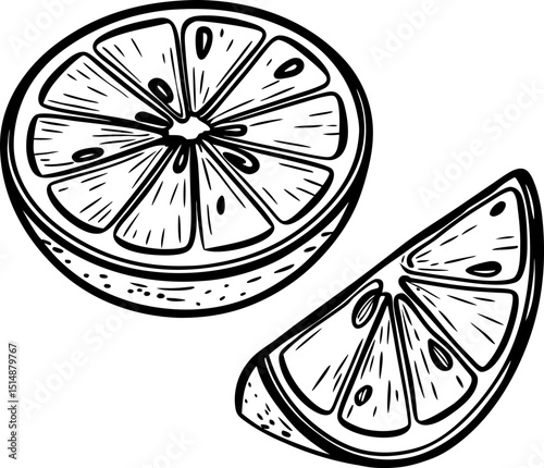 Hand drawn citrus fruit slice and wedge illustration fresh juicy citrus segments isolated on white, healthy food concept