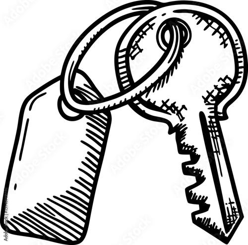 Hand drawn vintage key with tag, antique security concept black and white illustration of metallic access symbol