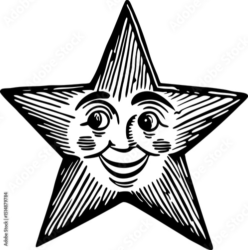 Happy smiling star character illustration hand drawn vintage sketch, cheerful face with expressive eyes
