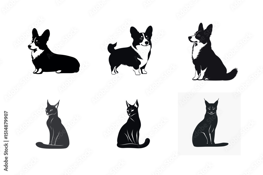 Fototapeta premium Corgi and caracal cat silhouettes collection
