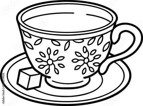 Decorative floral tea cup with saucer and sugar cube elegant vintage dishware, hot beverage concept