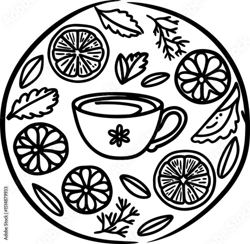 Herbal tea cup with citrus slices, leaves and herbs in decorative circular arrangement, cozy relaxation concept