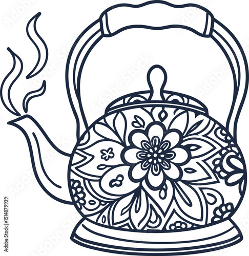 Decorative floral teapot with intricate ornamental design, steam rising, elegant kitchen and tea time concept illustration
