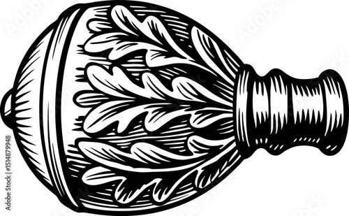 Vintage ornate perfume bottle with intricate leaf motif, classic decorative design, elegant antique container illustration