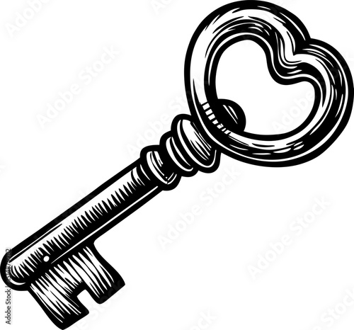 Vintage ornate key with heart shaped handle retro antique metal object, hand drawn black and white illustration