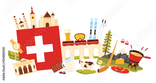 Travel to Switzerland, culture elements and landmarks, food and sweets in infographic collage. Swiss flag and wrist watches, Chillon Castle, mountain landscape and cow cartoon vector illustration