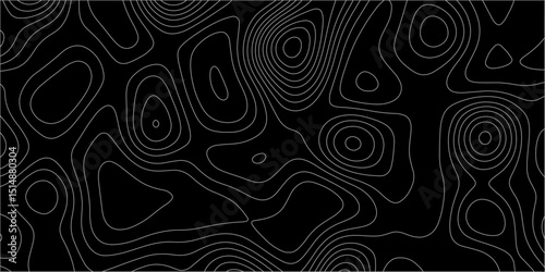 Abstract white on black background with Topographic line map pattern. abstract wavy and curved lines background. linear map. Dark seamless design. Bold tile able isolines pattern. Vector illustration.