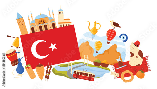 Travel to Turkey, culture and landmark, food in infographic collage. Turkish flag and mosque, Cappadocia rocks and balloons, carpet and cat in dervish hat, Bosphorus Bridge cartoon vector illustration