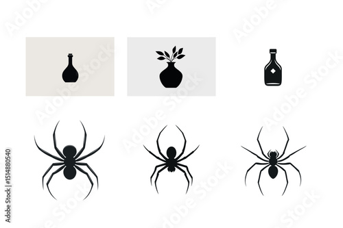 Simple black silhouettes of bottles vase and spiders