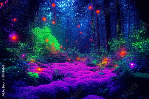 Bioluminescent Jungle. A surreal jungle filled with glowing, bioluminescent plants and trees in shades of neon green, purple, and blue.