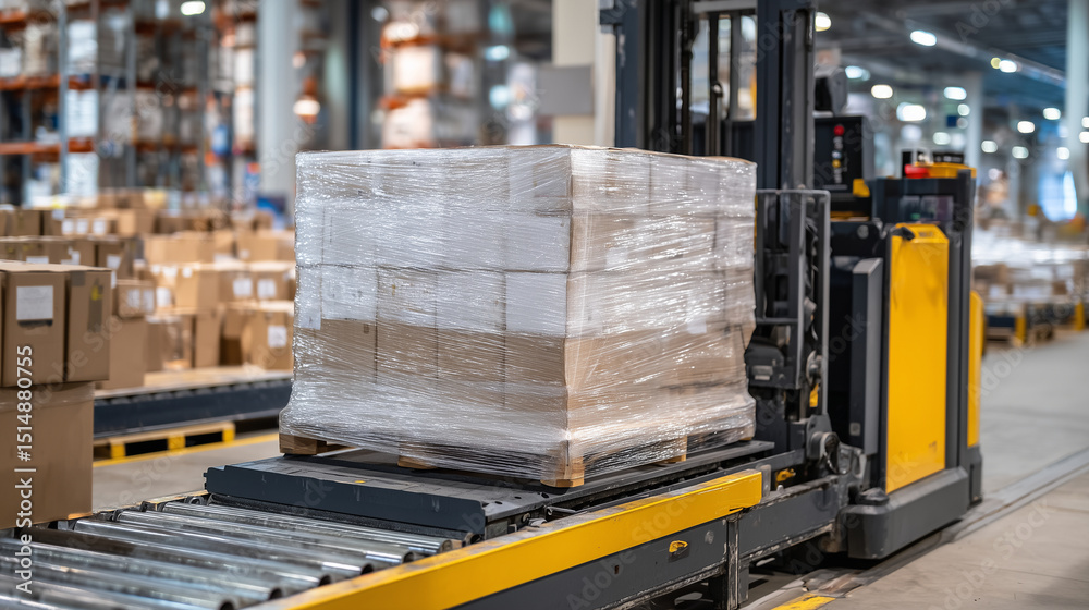 custom made wallpaper toronto digitalWrapped pallet stacked high with cartons, positioned on a mechanized lift ready for automated placement into tall warehouse shelving