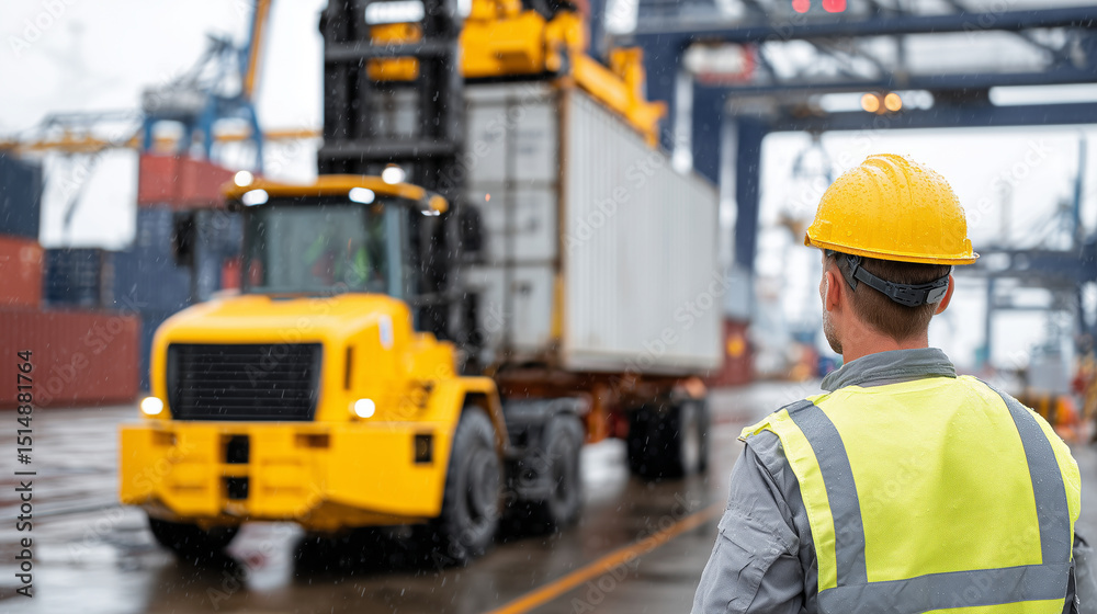 Hard-hatted supervisor on a wet concrete dock, watching carefully as automated machinery lifts a shipping container from a yellow cargo truck, industrial skyline in the background Hard-hatted supervisor on a wet concrete dock, watching carefully as automated machinery lifts a shipping container from a yellow cargo truck, industrial skyline in the background