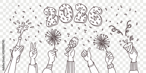 2026 doodle banner with hands. New Year and Christmas set. Hand drawn fun elements. Cute winter sketch for holiday cards, posters, prints.