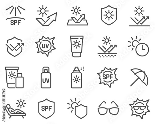 Simple Set of Sun Protection Related Vector Line Icons. Contains such Icons as Sunscreen, Sunglasses, UV rays exposure time and more.