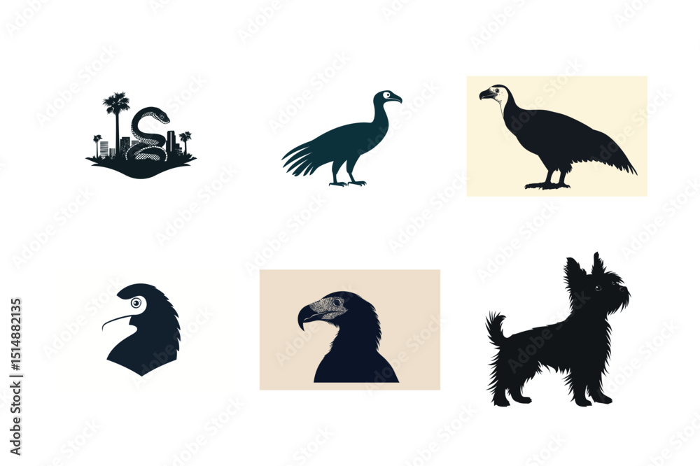 Obraz premium Silhouette set of birds animals and city snake