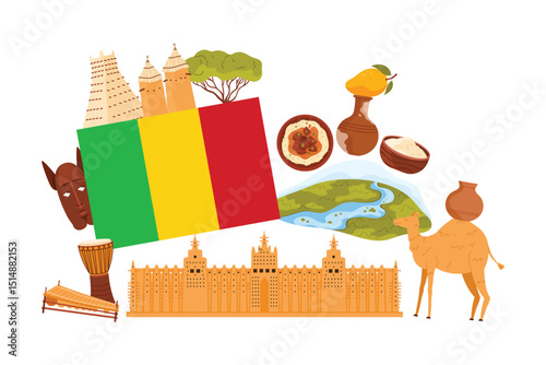 Travel to Mali, culture and landmark, food on national cuisine in infographic collage banner. Big flag of Mali, Sankore Mosque and Niger River, Peanut stew maafe, clay jug cartoon vector illustration
