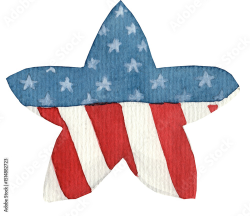 Watercolor illustration of a decorative star in red, white, and blue inspired by the American flag. Perfect for patriotic decorations, holidays, and festive designs.