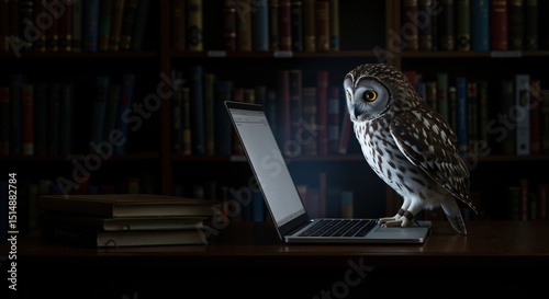 Owl perched on laptop in dark library with bookshelves. Symbol of wisdom and knowledge for education services and online learning platforms