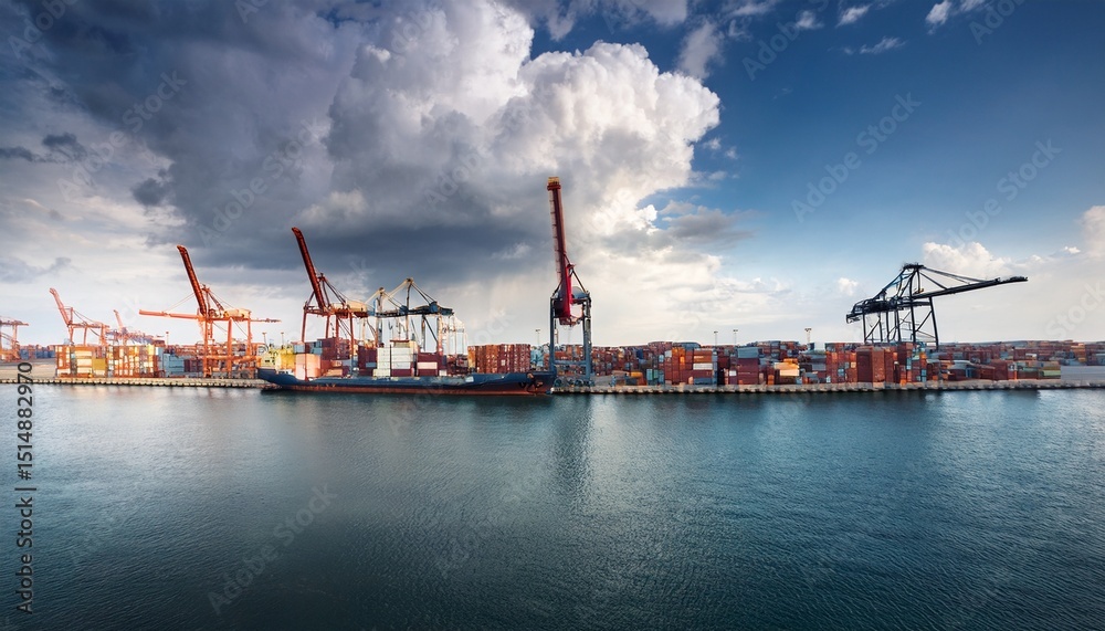 Fototapeta premium industrial shipping yard with containers and cranes amid overcast skies