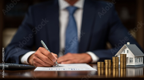 Man in tailored suit signs official documents as financial consultant gestures toward graphs on laptop, table adorned with symbolic elements like a tiny house, cash calculator, and