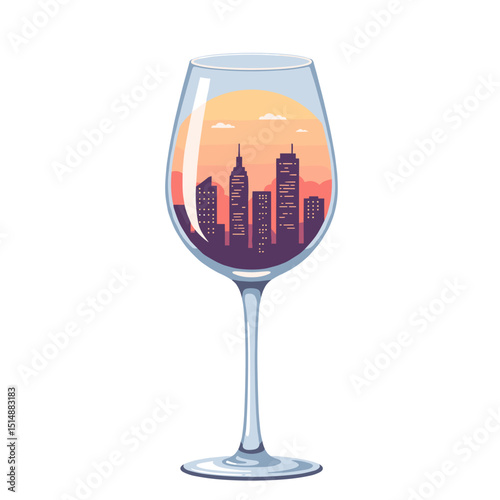 An artistic depiction of a cityscape during sunset inside a glass, symbolizing relaxation and urban lifestyle,Suitable for creative posters, postcards, travel agencies, restaurant business