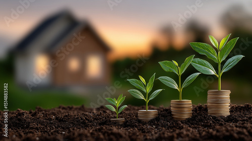 Low-angle shot of young plants with coins attached to leaves stretching upwards from rich soil, a wooden house model bathed in warm sunset light, embodying concepts of budget plann photo